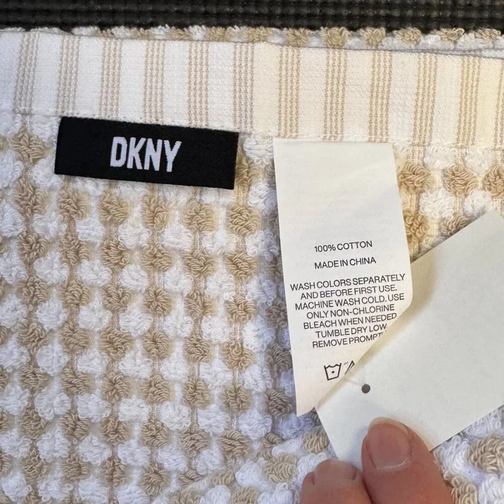 2 Pc. DKNY Monet Tile Beige White Squares Dots Stripes Hand Towel Towels Gingham